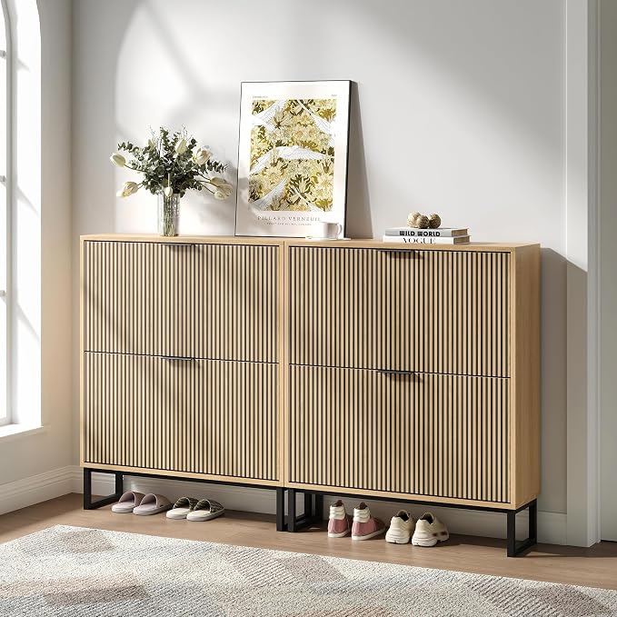 Shoe Cabinet with 2 Flip Drawers Set of 2, Narrow Wood Shoe Cabinet Storage - Image 7