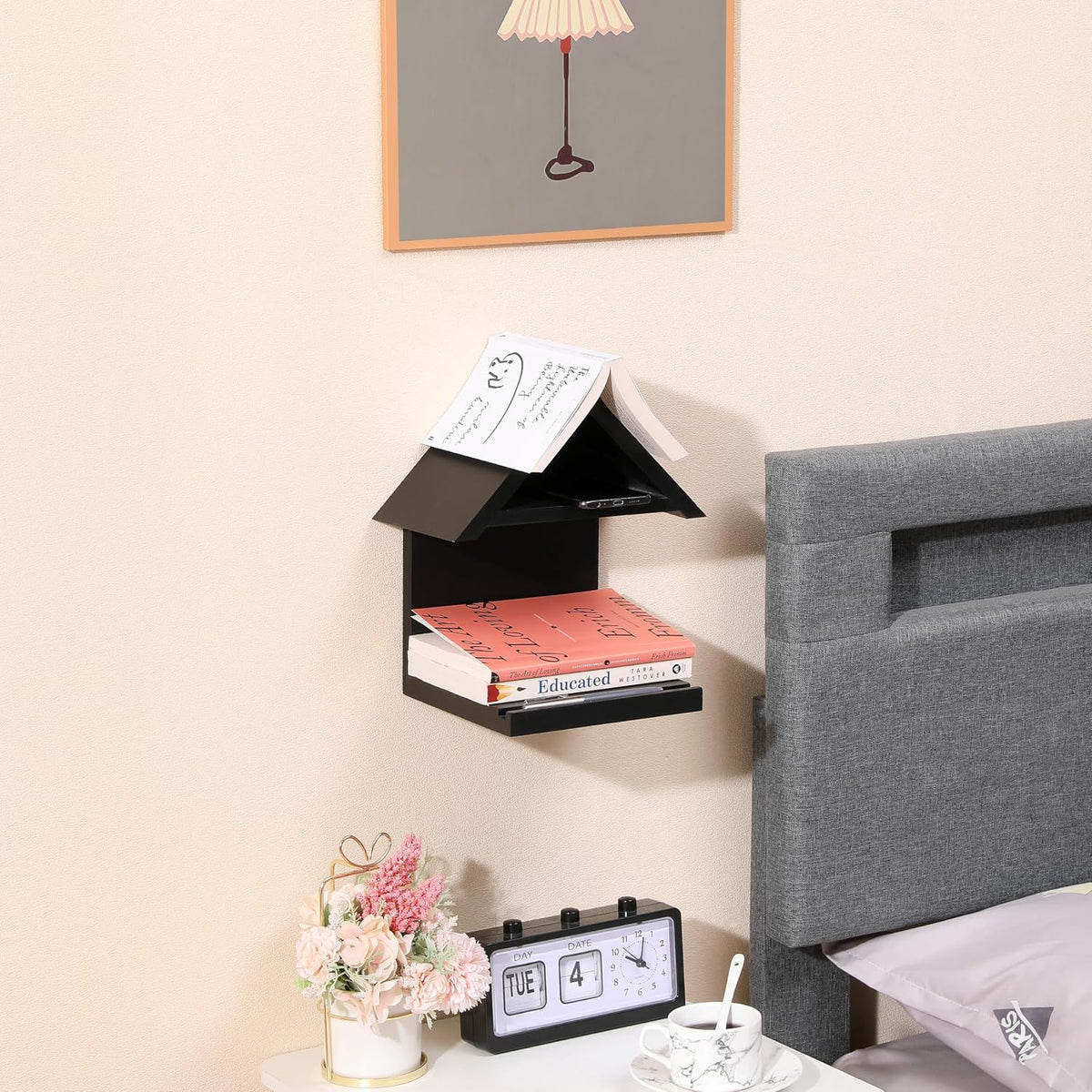 Wall Mounted Wood Bookcase, Small Bedside Bookshelf, Wooden Triangle