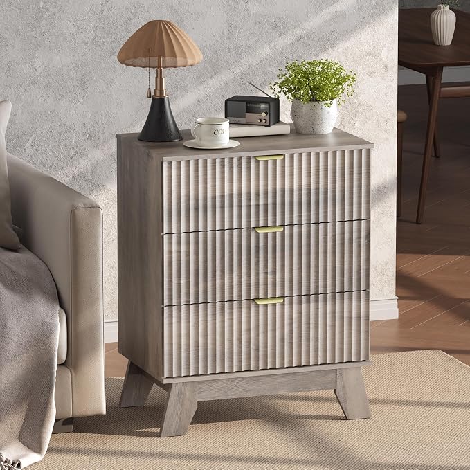 Grey Night Stand with 3 Drawers, Bedside Table & End Table, Farmhouse Night - Image 4