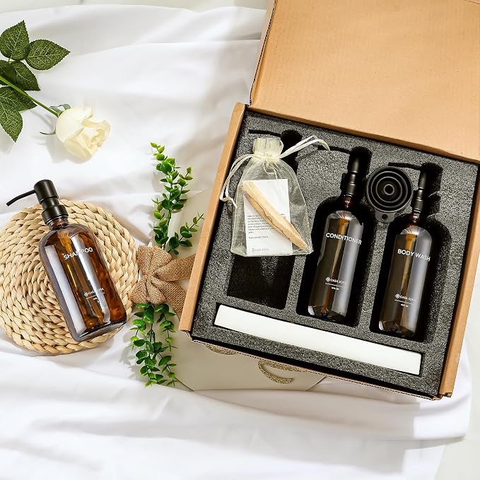 Amber Glass Shampoo and Conditioner Dispenser Set – Refillable 16 OZ Bottles - Image 5