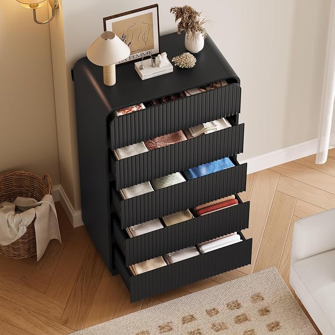 Tall Dresser for Bedroom with 5 Drawers, Fluted Chest of Drawers with Round - Image 3