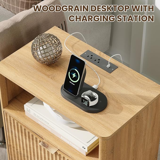 Night Stand with Charging Station, Modern Bedside Table with Drawer & Open - Image 3