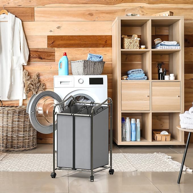 Simple Houseware 2-Bag Heavy Duty Rolling Laundry Sorter Cart, Dark Gray – 2 - Image 5
