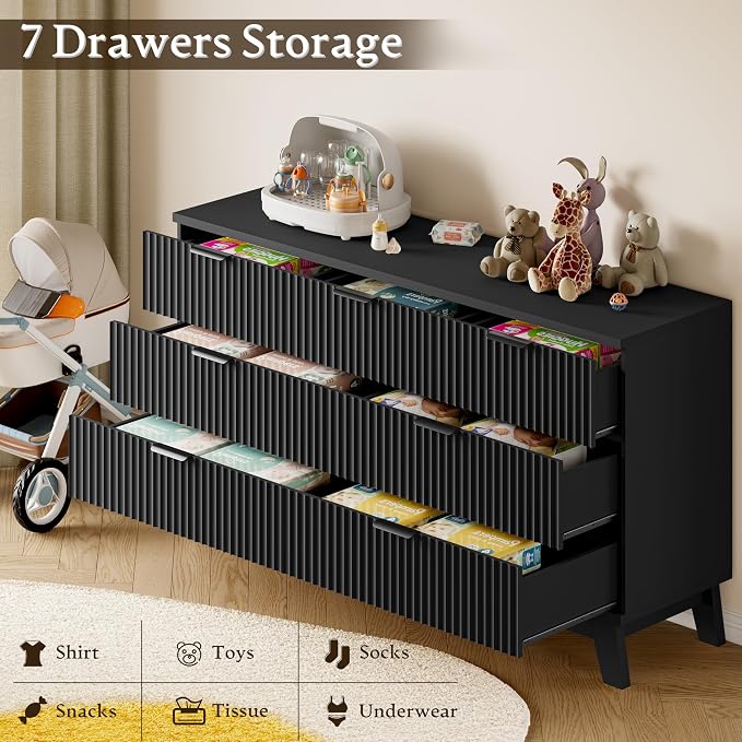 57" Long Dresser for Bedroom, 7-Drawer Fluted Chest, Wide Wood Storage Dresser - Image 6