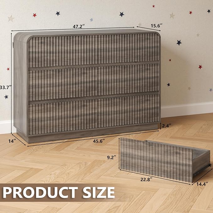 Dresser for Bedroom with 6 Drawers, Fluted Chest of Drawers with Round Curved - Image 2