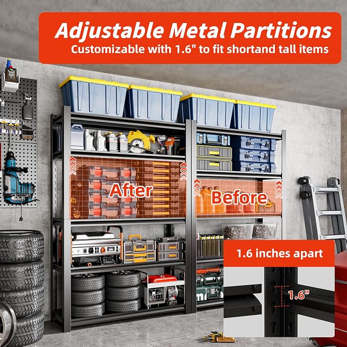 72" H Garage Shelving, 5-Tier Heavy Duty Shelving Unit, 3000LBS Adjustable - Image 7