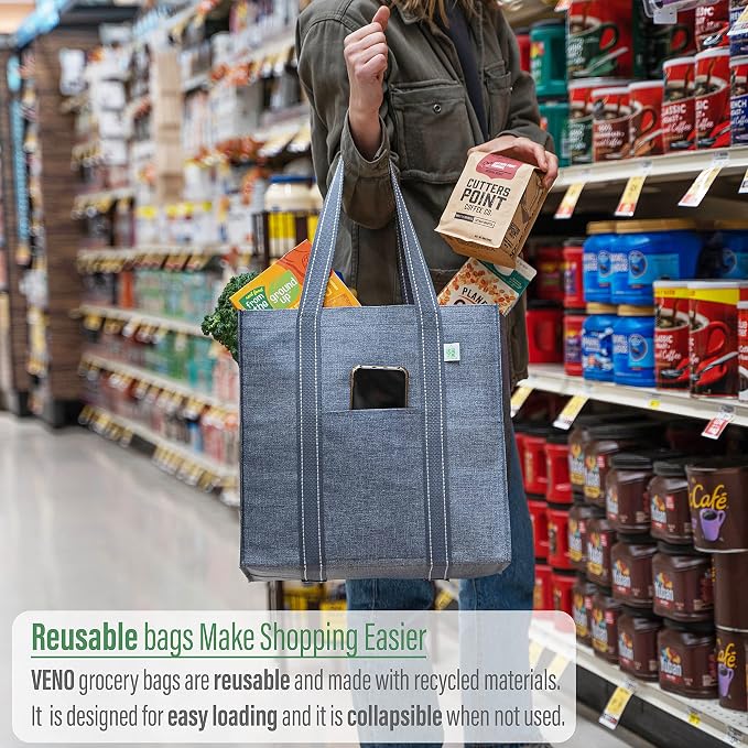 VENO 4 Pack Reusable Grocery Bags, Heavy-Duty Shopping Bags - Image 2