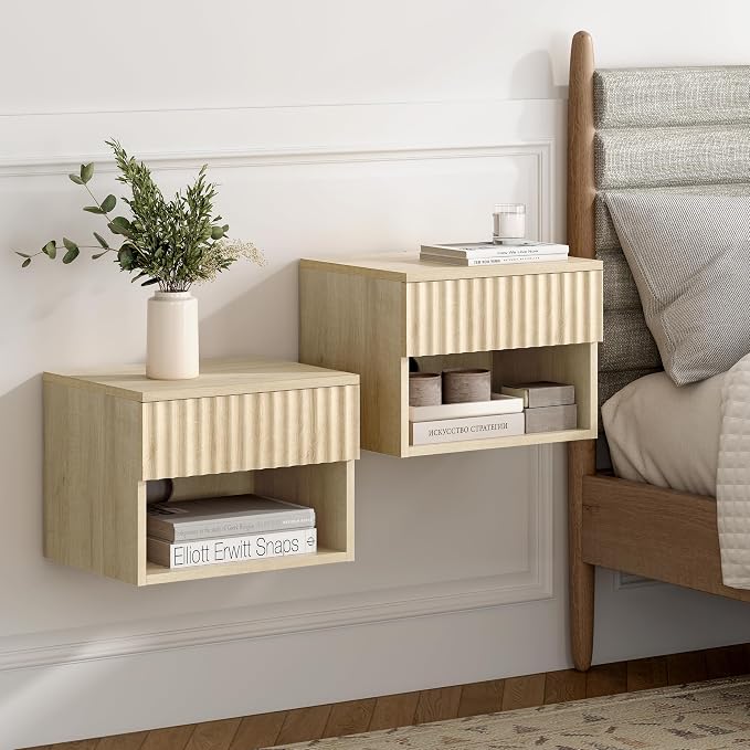 Small Floating Nightstand with Drawer, Modern Night Stand with Fluted Door and - Image 3