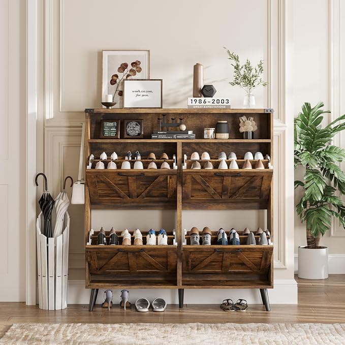 Shoe Cabinet with 4 Flip Drawers, Farmhouse Shoe Storage Cabinet - Image 5
