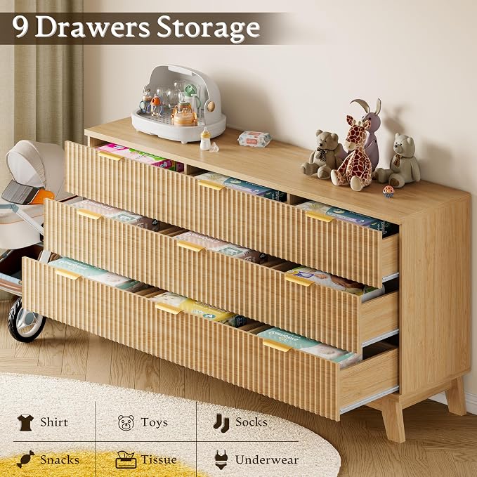 63" Long Dresser for Bedroom, 9-Drawer Fluted Dresser, Extra-Wide Wood Chest of - Image 6