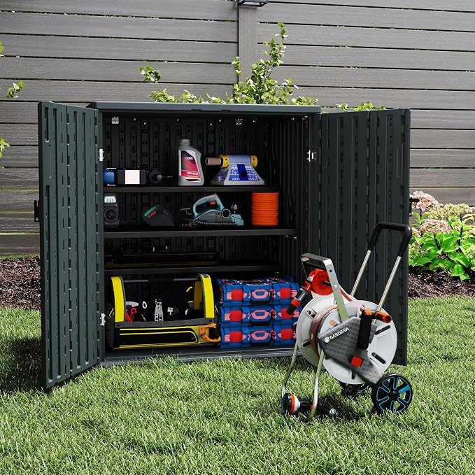Outdoor Storage Cabinet with 2 Shelves, Waterproof Resin Horizontal Tool Shed by ZYJOYY