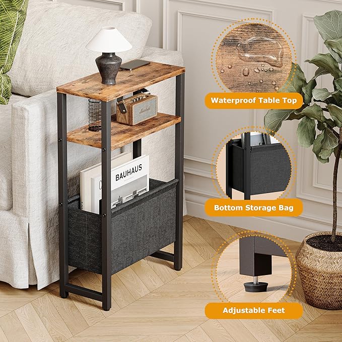 Narrow Side Table with Charging Station Slim End Table Sofa with Magazine Rack - Image 6